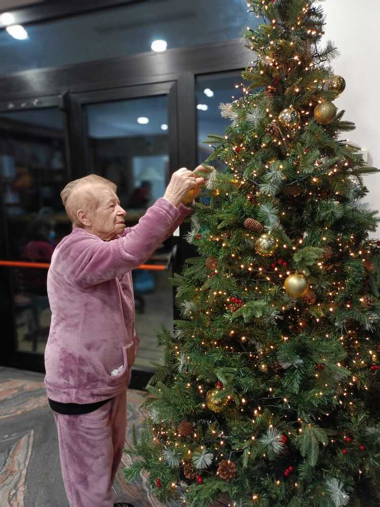 Il periodo delle festività è quello in cui ci si sente più abbandonati in una casa di riposo: noi di Villa Iris facciamo di tutto perché queste possano essere trascorse come se fosse un momento in famiglia. Nella foto, una nostra ospite che addobba l'albero.