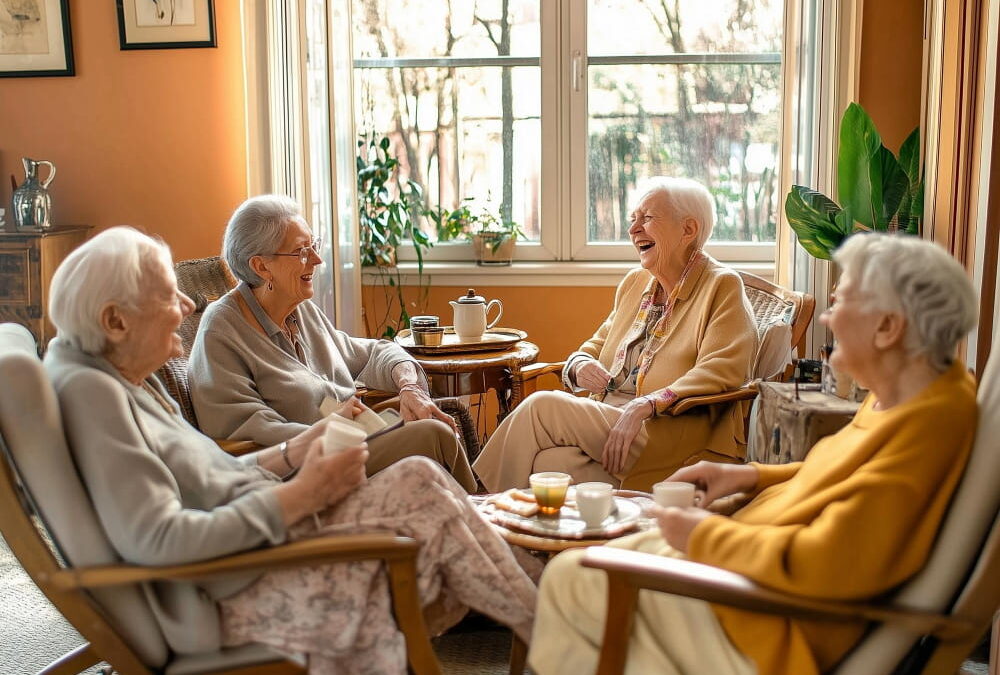 Un ambiente sociale in una casa di riposo è quello giusto per far sì che gli ospiti possano sentirsi rilassati. Nella foto, un gruppo di anziani che ridono in una struttura di accoglienza.