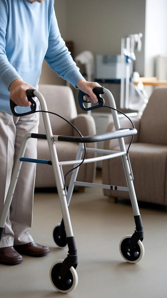 Nella foto, un anziano che si muove tramite un dispositivo medico per la deambulazione.
